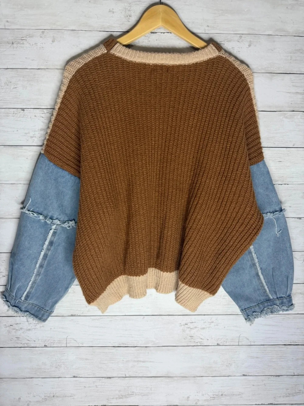 Debut Most Hype Knit Sweater Denim Sleeves Boho Western Oversized Boutique S/M - Picture 5 of 6